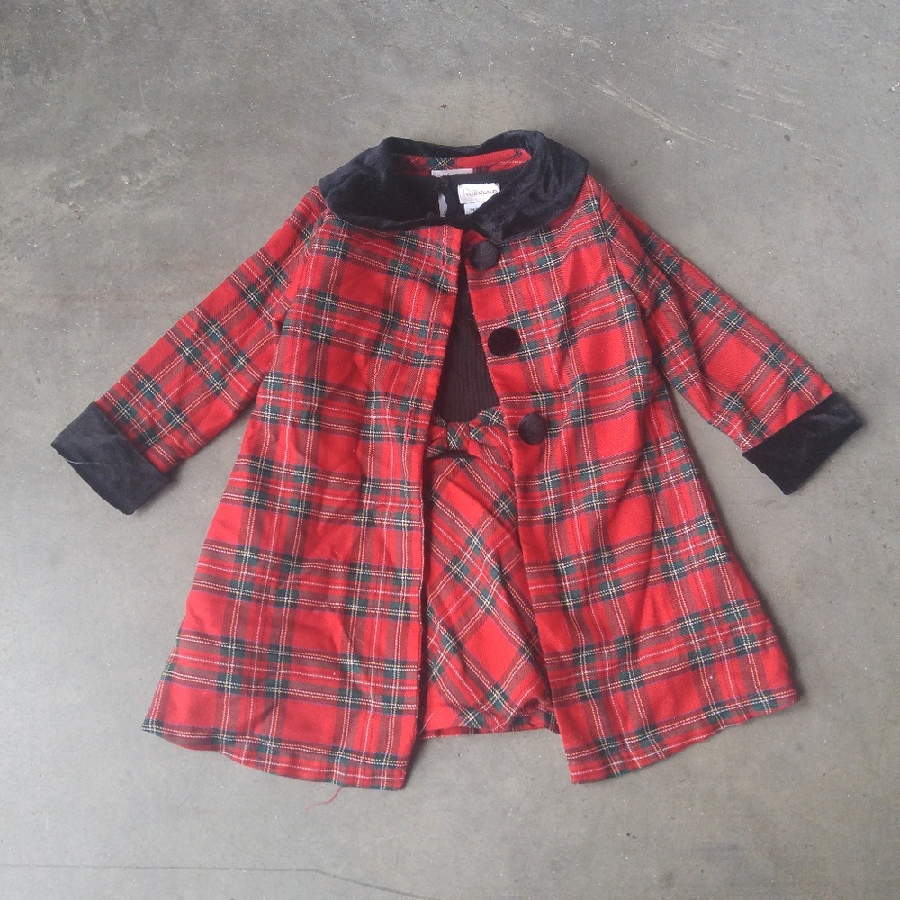 Girls 2T 2 Piece Red Plaid Holiday Dress/Coat Set